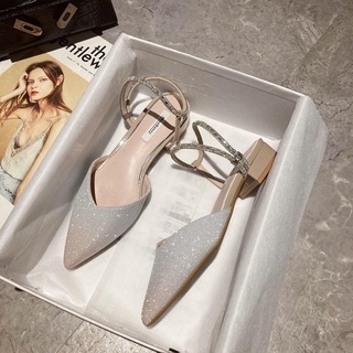 Sandalias con tiras de diamantes de imitación para mujer2021Nuevos zapatos planos de tacón grueso medio puntiagudos a la moda con tacones altos de verano (1)