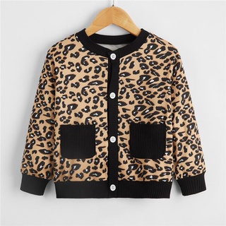 ✦Ao❤Otoño invierno niños pequeños Cardigan, bebé niñas leopardo impresión cuello redondo manga larga de un solo pecho Outwear
