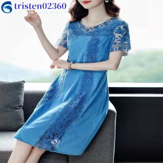 tristen02360 Women Dress Lace Stitching Short-sleeved V-neck Chinese-style A-line Shape Comfortable Mid-length Pullover Skirt For Spring Summer
