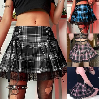 Women Ladies High Waist Pink Plaid Pleated Skirt With Puttee Slim-Waist Lace Skirt For 2021 (1)