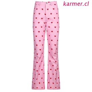kar3 mujeres harajuku cintura alta rosa pantalones dulce rojo corazón impresión lunares pantalones vintage llamarada campana inferior suelta streetwear (1)