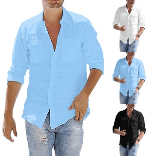 [ufas] camisa de bolsillo sólida casual para hombre, manga larga, botón de turn-down