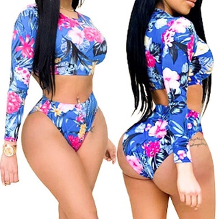 Fashion Women 2-Piece Fancy Swimsuit With Long Sleeves And Side Collar