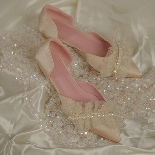 Las mujeres barco puntiagudo tacón bajo perla zapatos de trabajo plano Ballet deslizamiento solo zapatos de boda y banquete zapatos de compra (1)