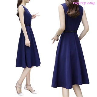 【Ready Stock】 Women Dress A-line Thin Type Sleeveless Dress Mid-length Dress With Belt (6)