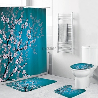 ON SALE Chinese Plum Blossom Print Waterproof Mildew-proof Shower Curtain Anti-Slip Bathroom Pedestal Rug + Toilet Lid Cover + Floor Mat Bath Mat Bathroom Accessories Home Decoration (1)