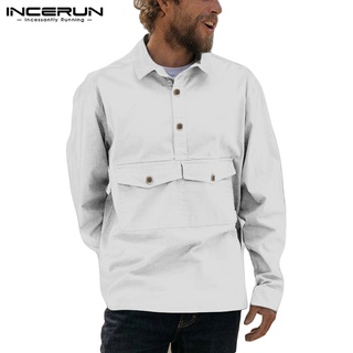 INCERUN Men's Casual Plain Long Sleeved Buttons Down Pocket Loose Lapel Shirt