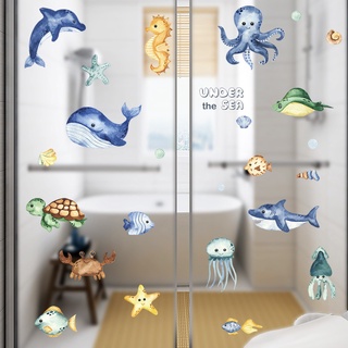 Dibujos animados lecho marino ballena tortuga pulpo caballito de mar autoadhesivo pegatinas de pared dormitorio de los niños decoración de la pared