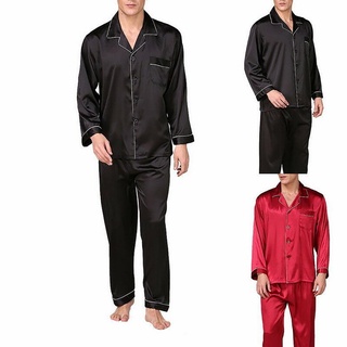 W✧✧Conjunto de ropa de dormir de 2 piezas, cuello de Turn-Down para hombre, manga larga, pantalones largos para primavera, S/M/L/XL/XXL