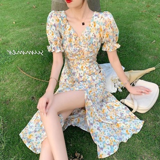 Floral de gasavVestido con cuello para mujer vestido 2021Nuevo verano cintura adelgazamiento elegante francés partido Midi vestido