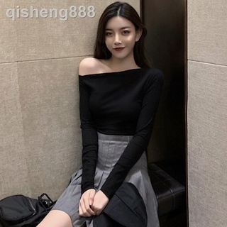 nueva mujer s moda sexy inclinado hombro de un cuello fuera del hombro superior estilo coreano expuesto clavícula fondo camisa de manga larga t-shirt