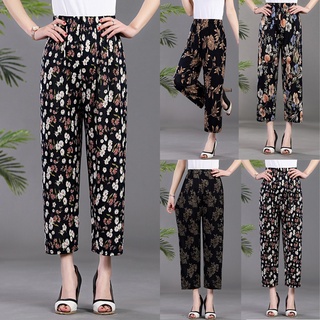 Women pants ice silk plus size flower pants elastic waist cropped trousers