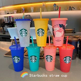 Starbucks Juego De Tazas Frías Reutilizables , 710 Ml , Vaso De Plástico Con Tapa , 24 oz , Colección De Verano (TECH)