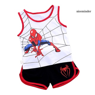 Nice_2 unids/Set ropa de niños traje Spiderman impresión amigable con la piel Anti-fade niños camiseta pantalones cortos traje para deportes (9)