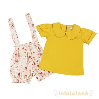 laa6-2pcs niños verano color sólido peter pan cuello manga corta camiseta + pantalones babero floral