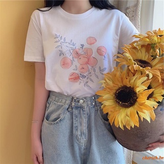 Ce-camiseta para mujer con estampado De Plantas/Estilo japonés/suelta/Manga corta/cuello redondo/verano