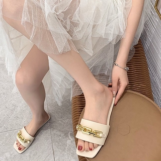 Mujer Sandalias De Moda Zapatillas De Metal Cadena Plana Zapatos De Gran Tamaño 35-42 (3)