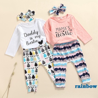 Arco iris-3 piezas de trajes casuales para bebés, estampado de letras de bebé, manga larga, cuello redondo, pantalones impresos, diadema