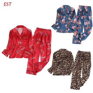 est mujeres seda hielo 2pcs pijamas conjunto de manga larga botones tops pantalones leopardo ropa de dormir