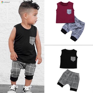 [COD] Children Kids Boy Vest Top Sleeveless Round Neck Grid Shorts Pant Set Fashion Outfit