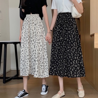 Falda floral falda de gasa de longitud media de verano falda larga de una línea de cintura alta femenina