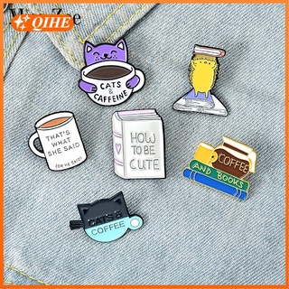 Coffee and Book Enamel Pin Cat Cafe Reading Badge Custom Hedgehog Brooches Lapel pin Jeans shirt Bag Cute Animal Jewelry Gift