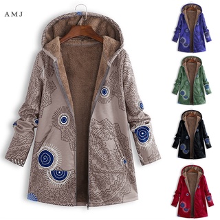 Women Winter Printed Hooded Plush Coat Retro Style Women Plush Long Sleeve Jacket Comfortable and Warm