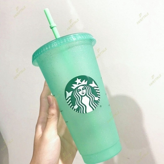 Colección de verano Glitter Cold Cup Starbucks X Shell confeti taza fría vaso reutilizable taza confeti cambiante de Color Polkadot/reutilizable vaso de plástico con tapa taza de plástico reutilizable 709ml