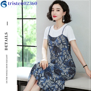 tristen02360 Women Dress Flower Printed Crew-neck Short-sleeved Loose Comfortable Fake Two-piece Skirt (7)