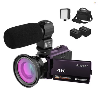 Funygame-andoer 4K videocámara 1080P 48MP WiFi cámara de vídeo Digital IR Night Sight 16X Zoom Digital con 0.39X gran angular Macro lente + micrófono externo + luz de vídeo LED + bolsa de cámara