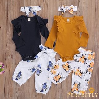 pft7-0-24 meses bebé niñas manga larga o-cuello tops con volantes + impresión floral pantalones largos + diadema para primavera, otoño