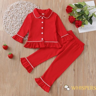 WHISPERS-Baby Girl Pijamas Solapa Volantes Dobladillo Botones Rojo Tops + Pantalones Traje