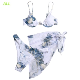 ALL Sexy 3pcs Swimsuit Set Women Marble Print Push Up Underwire Triangle Brazilian Bikini Bathing Suit with Sarong Cover Up