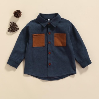 ❂Vf❁Primavera otoño pequeño niños camisa, creativo Color empalme doble bolsillo solapa de manga larga Tops de un solo pecho (6)