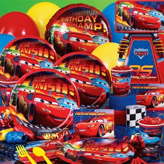 CARS Disposable Tableware Decoration Set McQueen King Banner Cake Topper Plate Straw Baby Birthday Party Needs