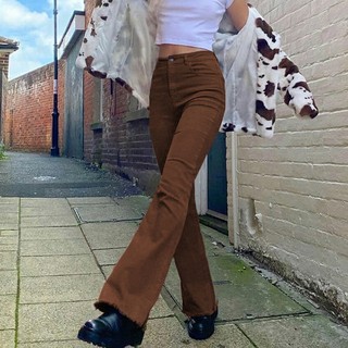 Bay-Pantalones para mujer, de talle alto elástico acampanados Vintage de Color sólido Jeans para mujer
