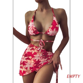 EMPTY Sexy 3 Pieces Swimsuit Set Female Boho Floral Print Brazilian Triangle Bikini Halter Bandage Bathing Suit with Sarong Cover Up Beach Skirt