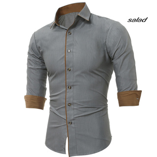 SD-Casual Hombres Color Sólido Manga Larga Botones Abajo Camisa Algodón Talla Grande Blusa (9)