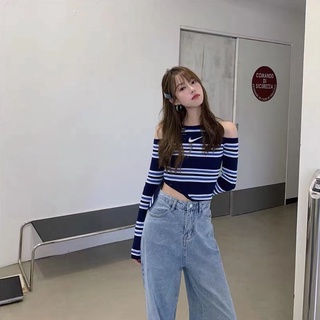 2021 nike otoño nuevo diseño de rayas de manga larga suéter de las mujeres delgado delgado sexy off-hombro corto top