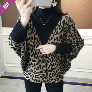 Estilo de las mujeres ropa suelta estilo occidental leopardo impresión jersey camisa de murciélago2021otoño e invierno nuevo cuello alto manga larga Casual lana Patchwork Top