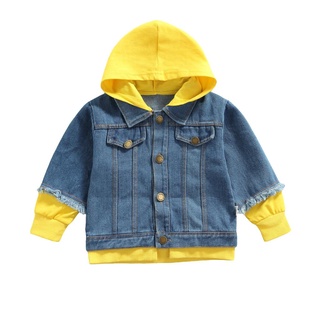 Chf-niño bebé chaquetas de mezclilla, moda de manga larga carta de impresión botón abajo abrigos con capucha