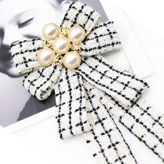 ama mujeres vintage elegante cuadros rayas impresión pre-atada cuello corbata broche imitación perla joyería collar cinta arco corbata corsage (7)