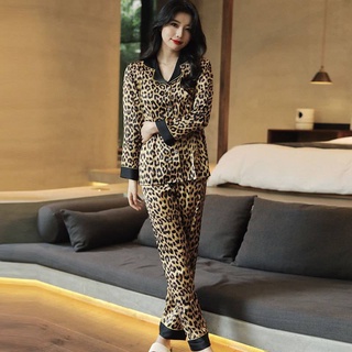 Pijama de estampado de leopardo de satén para mujer, textura del vestido de la mañana, seda de hielo suave ropa para el hogar