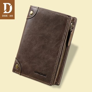 DIDE Brand Cowhide men's Wallets Male Purse Short Genuine Leather Zipper c0in Purse Wallet Card Holder Fine Gift Box