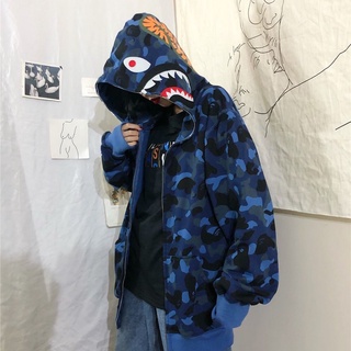 Cárdigan de camuflaje con cabeza de tiburón Harajuku de marca japonesa, suéter con capucha clásico de otoño e invierno, hombres y mujeres de felpa fina (1)