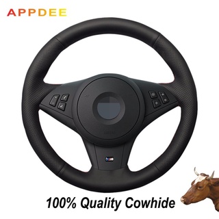 APPDEE Black First Layer Real cowhide Leather Car Steering Wheel Cover for BMW E60 530i E63 E64 635D M5 2005 2007 2008 M6 2007