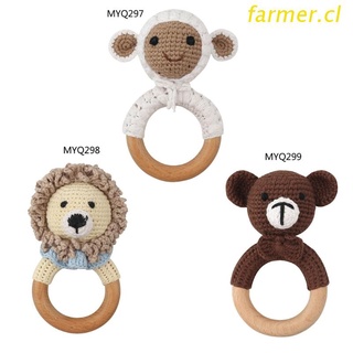 FAR3 Baby Wooden Teether Ring DIY Crochet Animal Rattle Infant Teething Nursing Soother Molar Toys for Newborn Shower Gifts