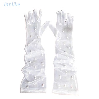 Inn nueva novia vestido de novia accesorios de gasa larga Artificial perla guantes blanco transparente protector solar mangas de mano
