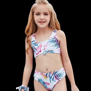 ☀Uni2 Pcs conjunto de Bikini de moda para niña, estampado de plantas, cuello redondo sin mangas, camisola corta, elástica delgada