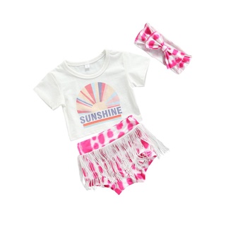 Db1-Tres piezas ropa de bebé niña fresco sol manga corta Tops y Tie-dye borla pantalones cortos con diadema (8)